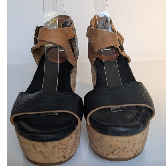 GEE WAWA Black Tan Cork Wedge Platform Ankle Strap Sandals Women's Size 9.5 - Picture 3 of 12